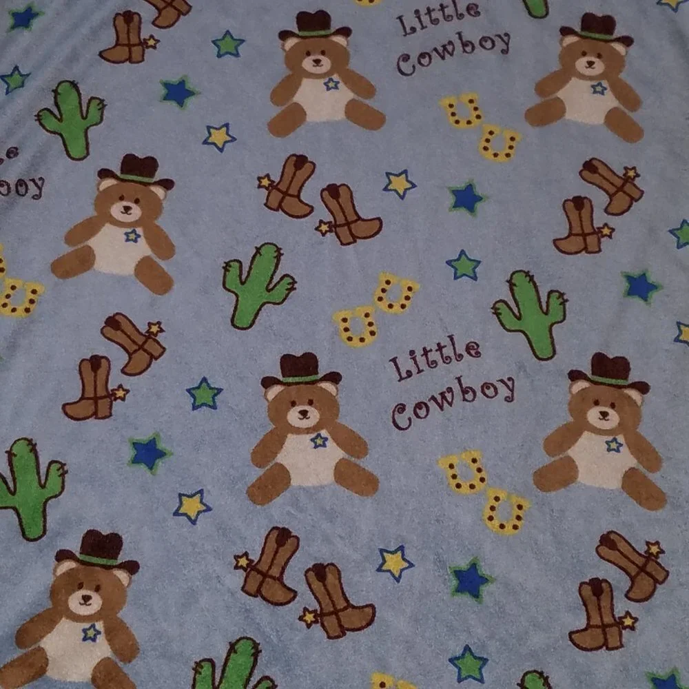 Little Cowboy Teddy Bear Blue Baby Blanket Lovey Fleece Brown Stars Cactus Boots